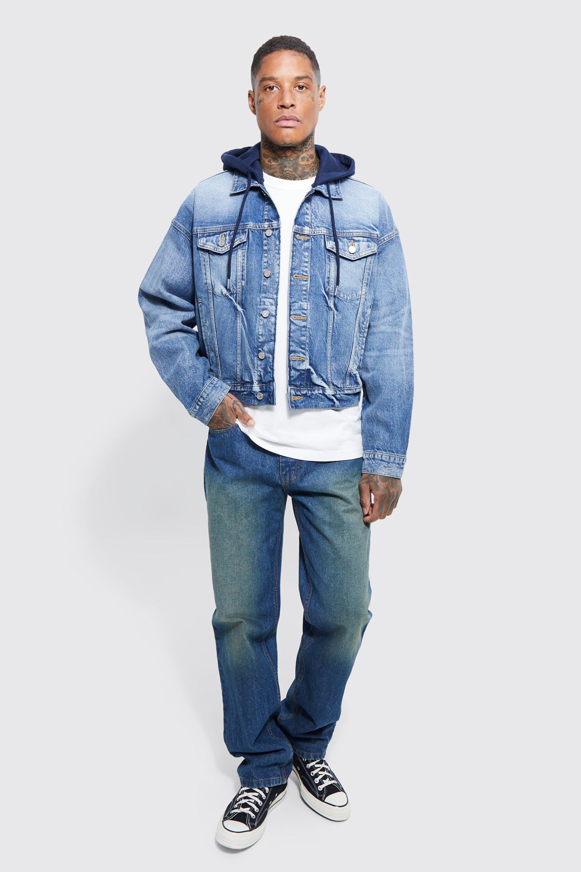 Boxy Fit Denim Jacket With Jersey Hood